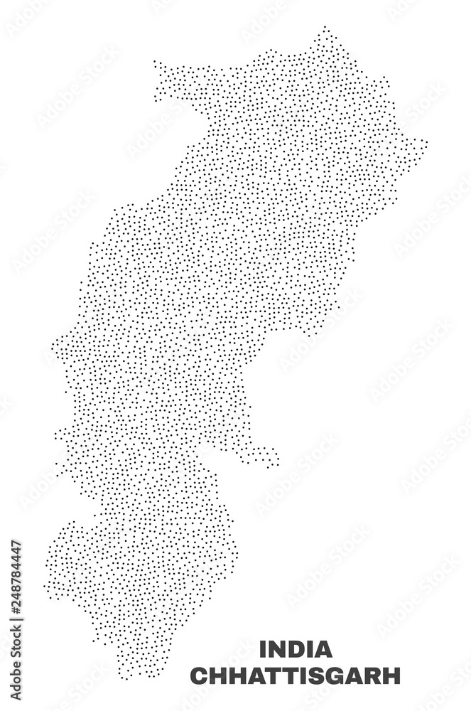 Chhattisgarh State map designed with small points. Vector abstraction in black color is isolated on a white background. Scattered small points are organized into Chhattisgarh State map.