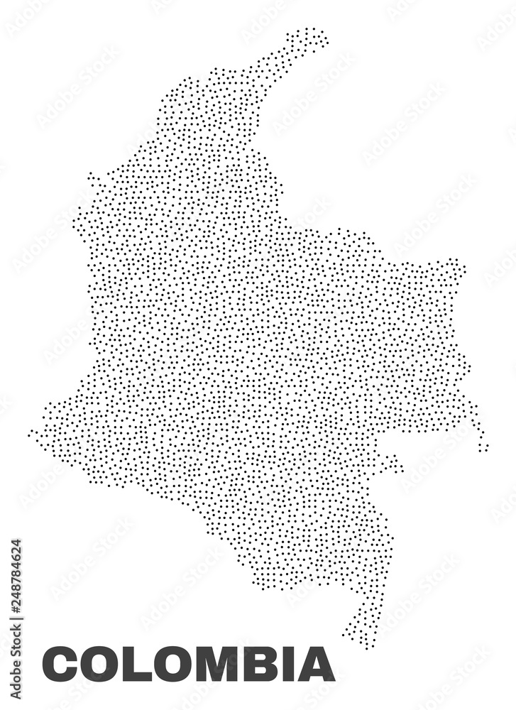 Colombia map designed with little points. Vector abstraction in black color is isolated on a white background. Random little particles are organized into Colombia map.