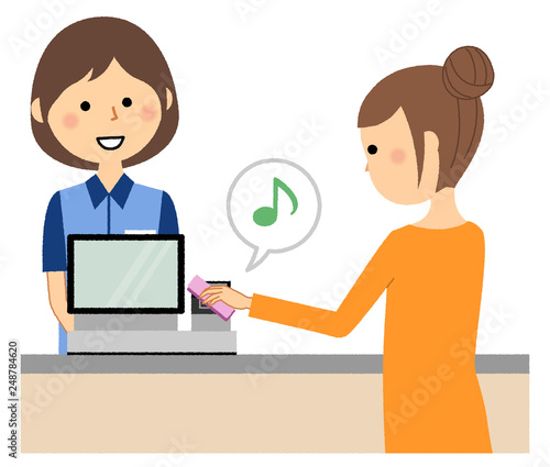 女性店員　レジ　キャッシュレス決済