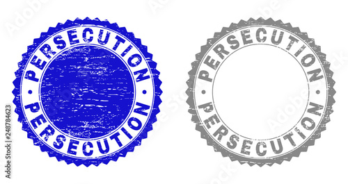 Grunge PERSECUTION stamp seals isolated on a white background. Rosette seals with grunge texture in blue and grey colors. Vector rubber stamp imitation of PERSECUTION text inside round rosette.