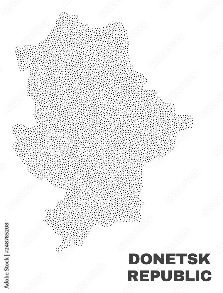Donetsk Republic map designed with tiny dots. Vector abstraction in black color is isolated on a white background. Scattered tiny dots are organized into Donetsk Republic map.
