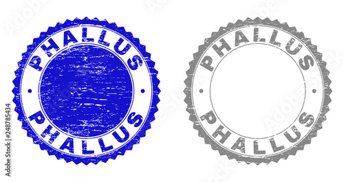 Grunge PHALLUS stamp seals isolated on a white background. Rosette seals with grunge texture in blue and gray colors. Vector rubber stamp imprint of PHALLUS tag inside round rosette.