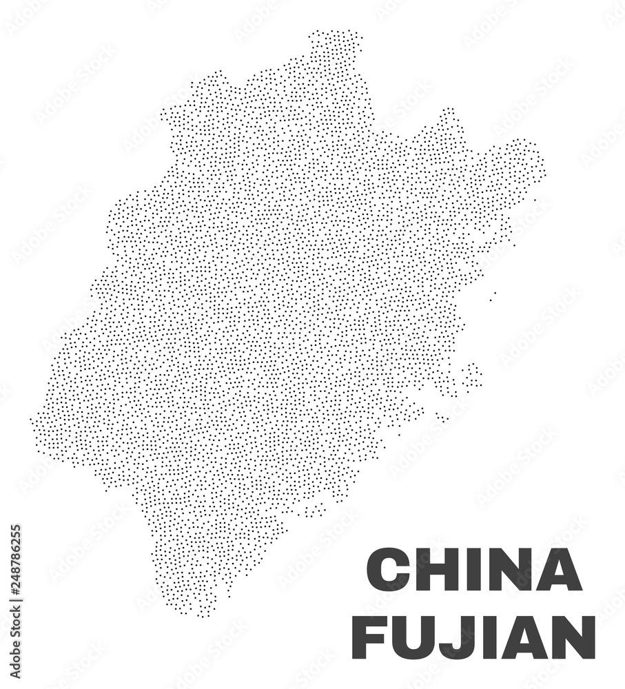 Fujian Province map designed with tiny dots. Vector abstraction in black color is isolated on a white background. Scattered tiny dots are organized into Fujian Province map.