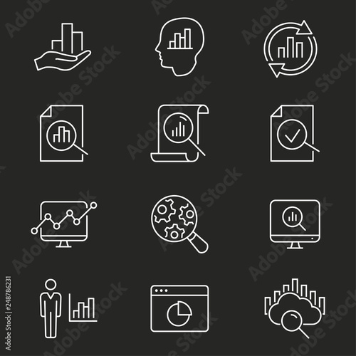 Data analysis vector icon set on black background.