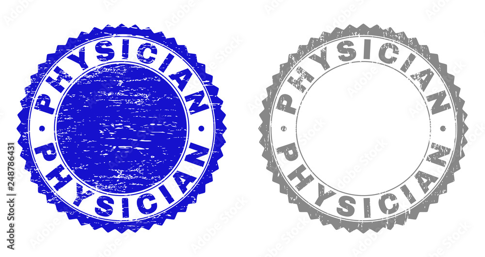 Grunge PHYSICIAN stamp seals isolated on a white background. Rosette seals with grunge texture in blue and grey colors. Vector rubber stamp imitation of PHYSICIAN caption inside round rosette.