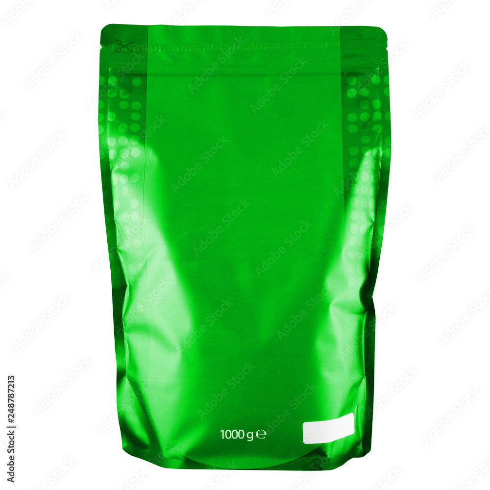 Blank Green Foil Coffee Bag or Powder Bag Isolated on White Background