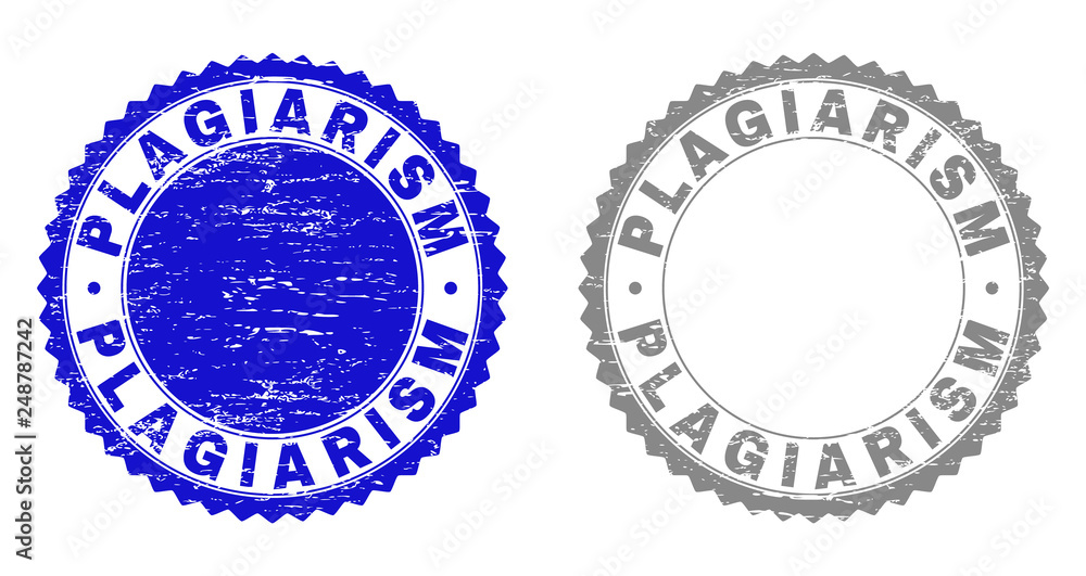 Obraz premium Grunge PLAGIARISM watermarks isolated on a white background. Rosette seals with grunge texture in blue and gray colors. Vector rubber stamp imprint of PLAGIARISM label inside round rosette.