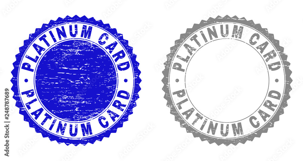 Grunge PLATINUM CARD stamp seals isolated on a white background. Rosette seals with grunge texture in blue and gray colors. Vector rubber stamp imprint of PLATINUM CARD text inside round rosette.