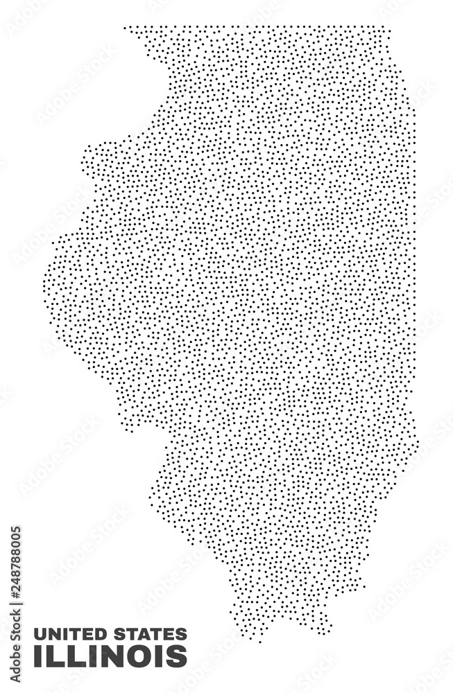 Illinois State map designed with small points. Vector abstraction in black color is isolated on a white background. Scattered small items are organized into Illinois State map.