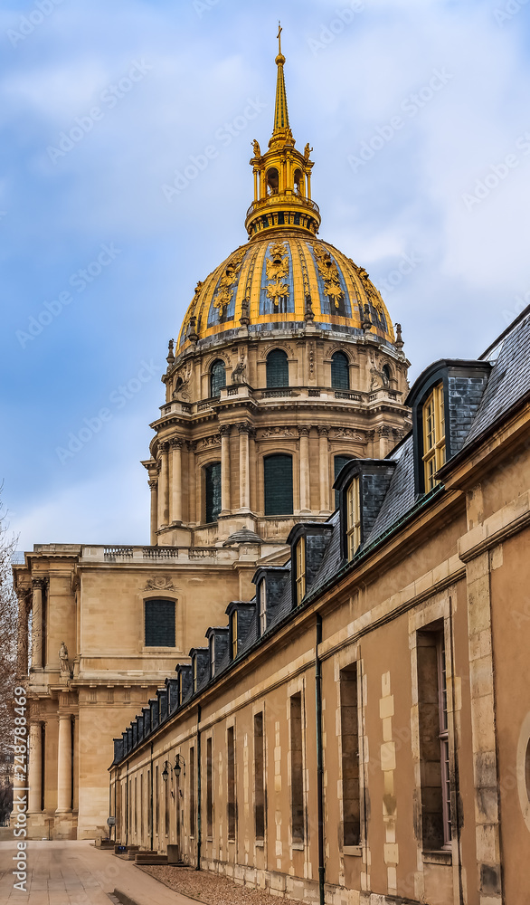 Saint Louis Cathedral and Les Invalides museum complex in Paris, France is the burial site for many of France's war heroes, also housing the tomb of the emperor Napoleon Bonaparte