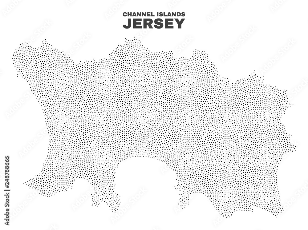 Fototapeta premium Jersey Island map designed with tiny points. Vector abstraction in black color is isolated on a white background. Scattered tiny points are organized into Jersey Island map.