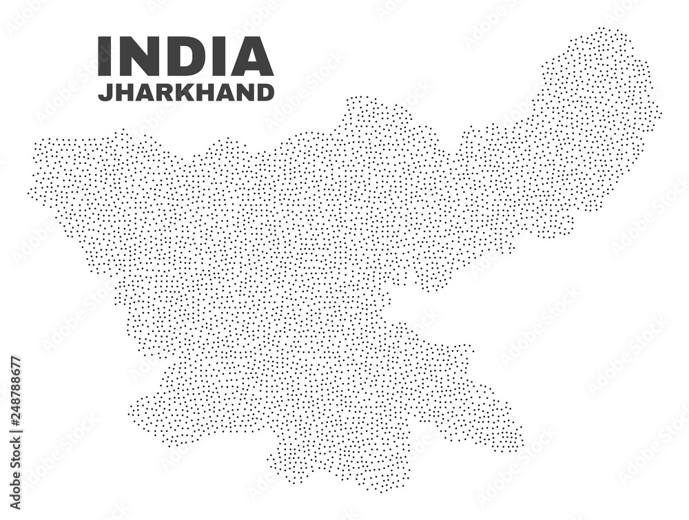 Jharkhand State map designed with little points. Vector abstraction in black color is isolated on a white background. Random little points are organized into Jharkhand State map.