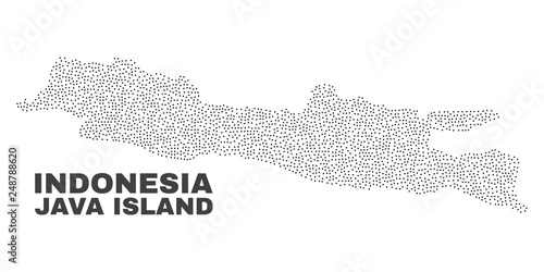 Java Island map designed with little dots. Vector abstraction in black color is isolated on a white background. Scattered little dots are organized into Java Island map.