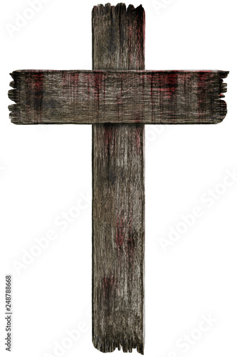 Bloody background scary old grunge wooden cemetery cross isolated on white background, concept of horror and Halloween