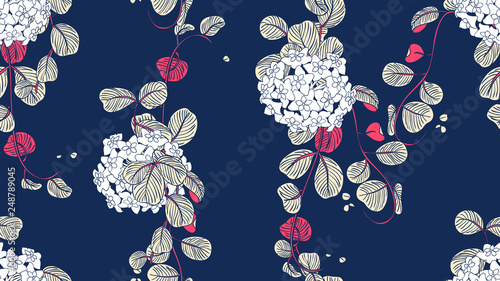 Tropical plants seamless pattern,  Hoya obovata flowers with leaves on blue background, blue and pink tones
