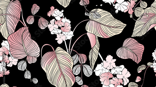 Tropical plants seamless pattern, Pink Princess philodendron and flowers on black background, line art ink drawing in black and pink tones