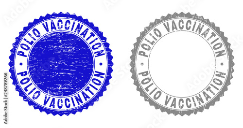 Grunge POLIO VACCINATION stamp seals isolated on a white background. Rosette seals with grunge texture in blue and gray colors.