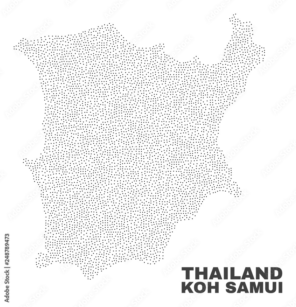 Koh Samui map designed with small points. Vector abstraction in black color is isolated on a white background. Scattered small items are organized into Koh Samui map.