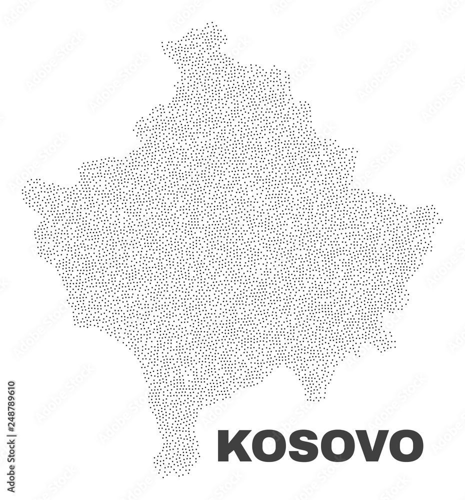 Kosovo map designed with little dots. Vector abstraction in black color is isolated on a white background. Random little points are organized into Kosovo map.