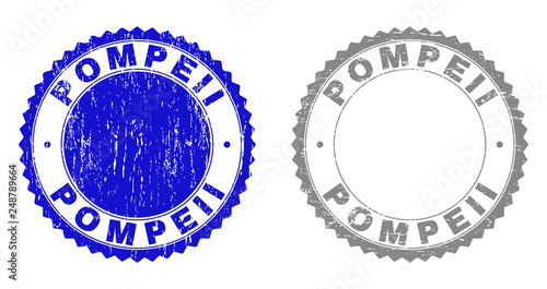 Grunge POMPEII stamp seals isolated on a white background. Rosette seals with grunge texture in blue and grey colors. Vector rubber stamp imprint of POMPEII caption inside round rosette.