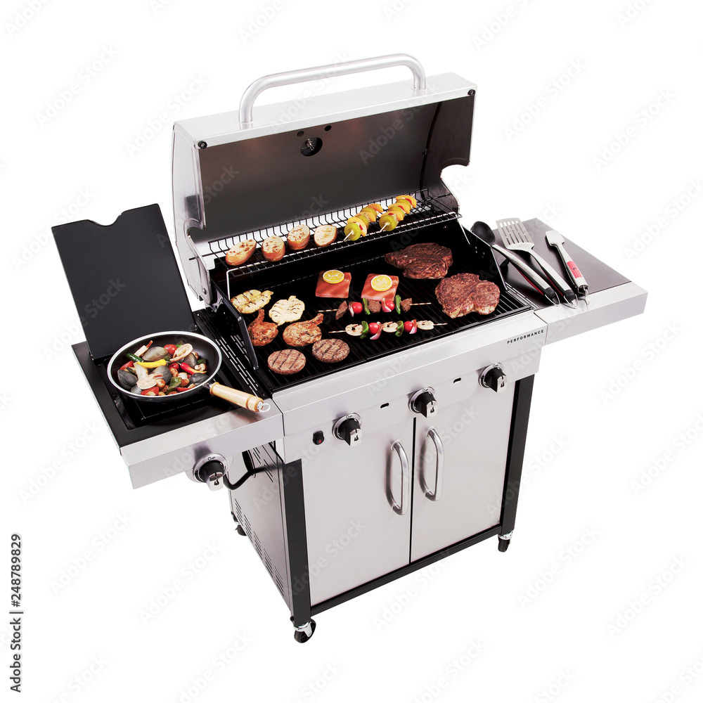 Barbecue Gas Grill with Food Isolated on White Background. Stainless