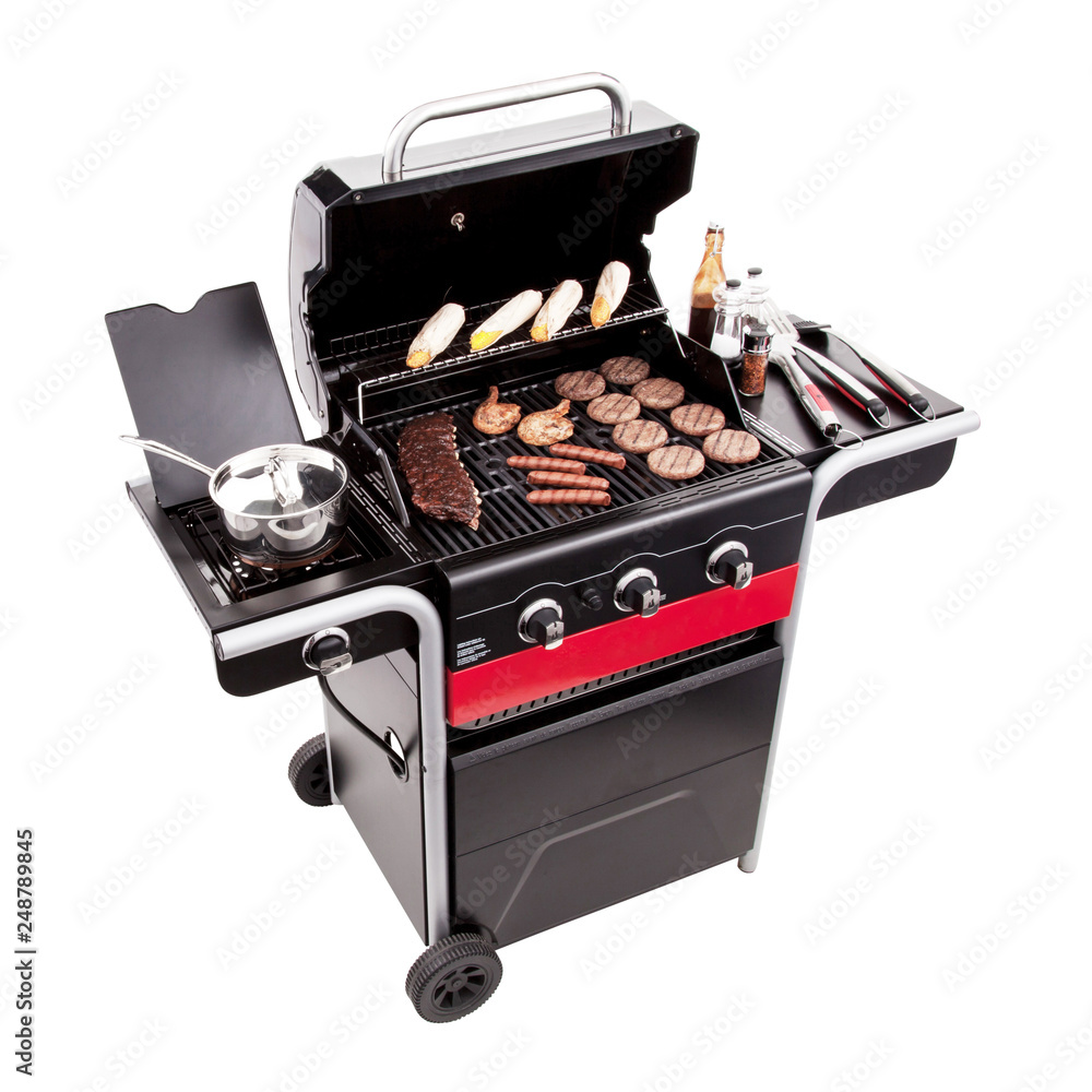 Barbecue Gas Grill with Food Isolated on White Background. Stainless