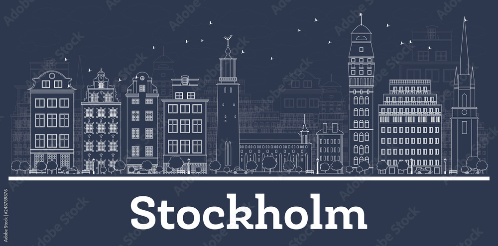 Outline Stockholm Sweden City Skyline with White Buildings.