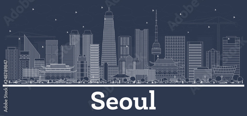 Outline Seoul Korea Skyline with White Buildings.
