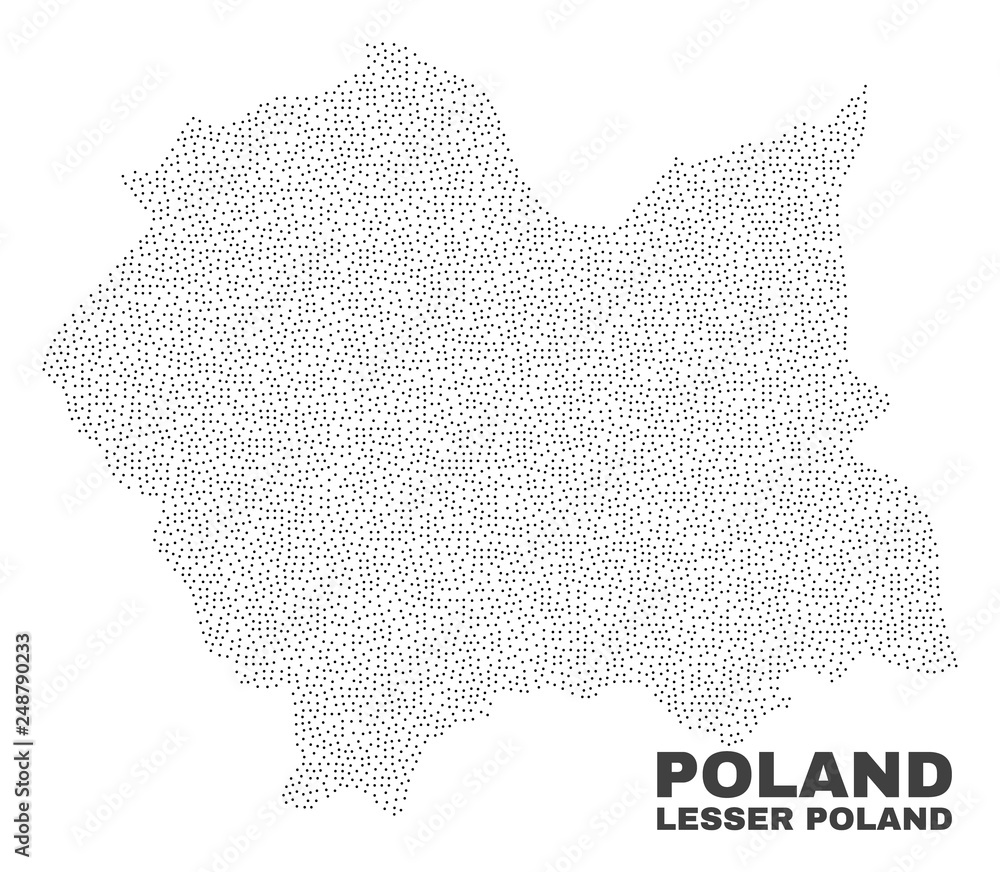 Lesser Poland Voivodeship map designed with small points. Vector abstraction in black color is isolated on a white background. Random small points are organized into Lesser Poland Voivodeship map.