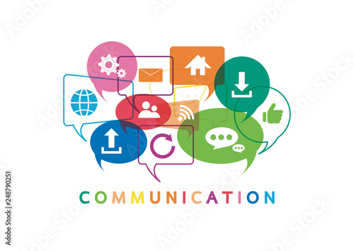 Vector illustration of a communication concept. The word communication with colorful dialog speech bubbles