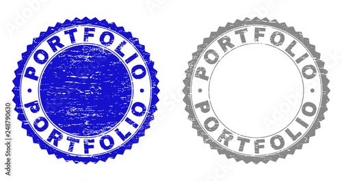 Grunge PORTFOLIO stamp seals isolated on a white background. Rosette seals with distress texture in blue and grey colors. Vector rubber stamp imprint of PORTFOLIO caption inside round rosette.