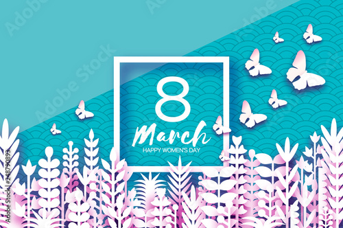 8 March. Origami Spring Flowers. Happy Womens day. Mixed white Paper cut flowers, tropical leaves, butterflies for window display. Square frame. Trendy coral .Mothers Day. Happy holidays.