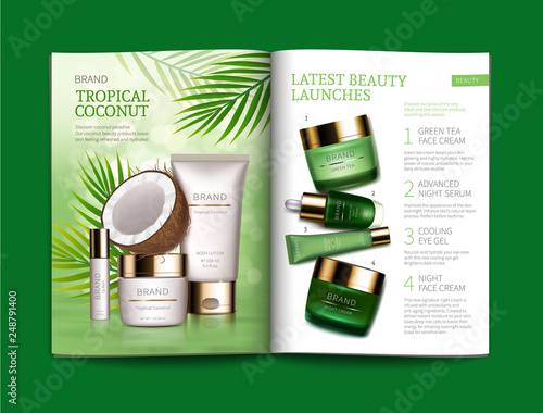 Vector template for glossy cosmetic magazine. Magazine or catalog spread, page with natural cosmetics made from tropical coconut next to palm leaves and page with green night and day skin care complex
