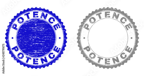 Grunge POTENCE stamp seals isolated on a white background. Rosette seals with grunge texture in blue and grey colors. Vector rubber stamp imprint of POTENCE caption inside round rosette.