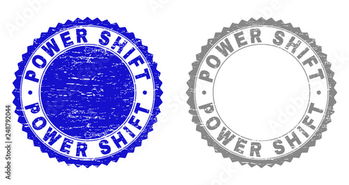 Grunge POWER SHIFT stamp seals isolated on a white background. Rosette seals with distress texture in blue and gray colors. Vector rubber watermark of POWER SHIFT label inside round rosette.