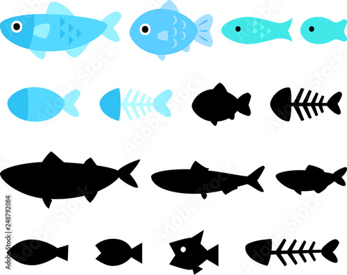 魚のアイコン、シルエットのセット