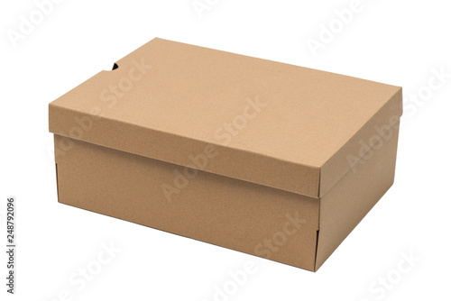 Brown cardboard shoes box with lid for shoe or sneaker product packaging mockup, isolated on white with clipping path. photo