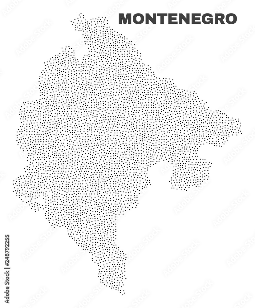 Montenegro map designed with little points. Vector abstraction in black color is isolated on a white background. Scattered little points are organized into Montenegro map.