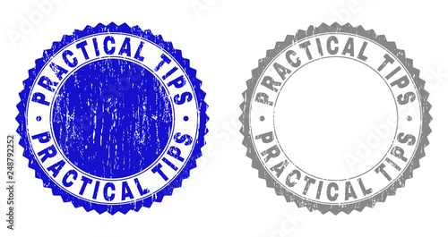 Grunge PRACTICAL TIPS stamp seals isolated on a white background. Rosette seals with grunge texture in blue and gray colors. Vector rubber overlay of PRACTICAL TIPS label inside round rosette.