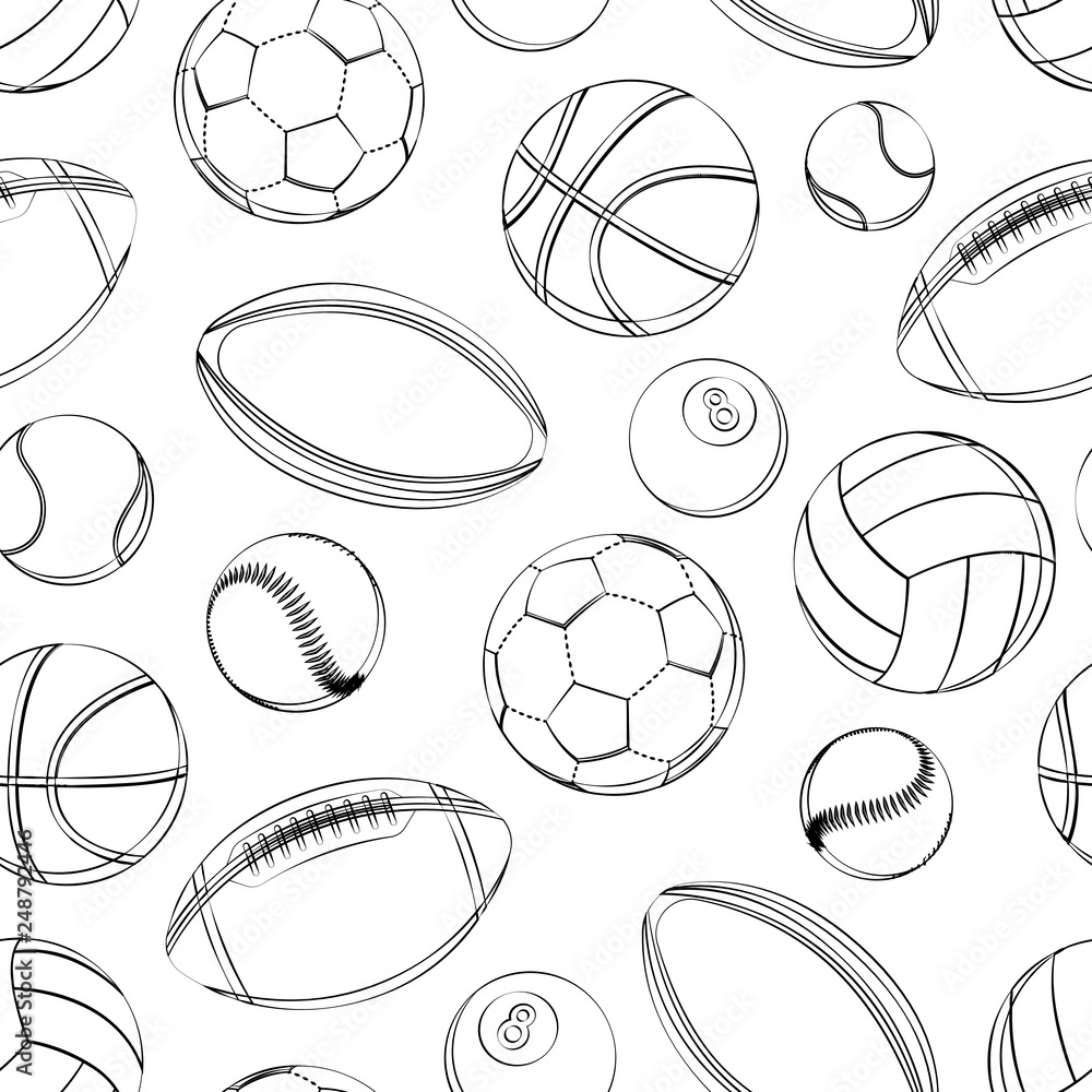PrintSports balls seamless pattern. soccer, football, tennis, baseball, basketball, rugby, american football, volleyball. black and white outline PrintSports balls seamless pattern. soccer, football, tennis, baseball, basketball, rugby, american football, volleyball. black and white outline