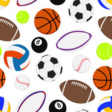 Sports balls seamless pattern. soccer, football, tennis, baseball, basketball, rugby, american football, volleyball. flat design