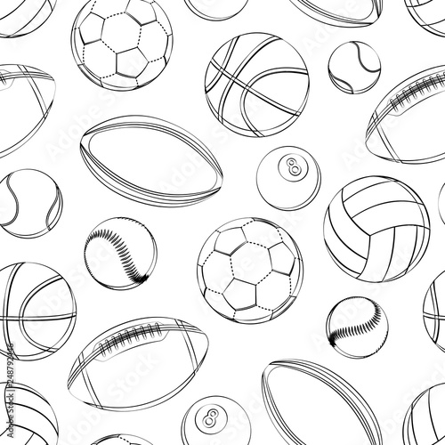 PrintSports balls seamless pattern. soccer  football  tennis  baseball  basketball  rugby  american football  volleyball. black and white outline