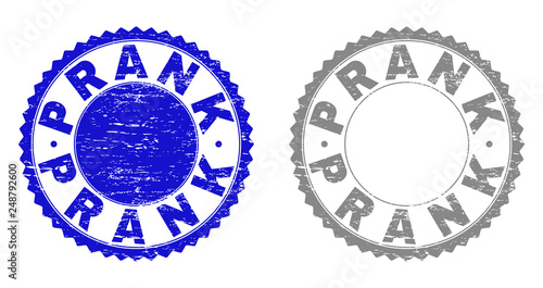 Grunge PRANK stamp seals isolated on a white background. Rosette seals with grunge texture in blue and gray colors. Vector rubber stamp imprint of PRANK label inside round rosette.