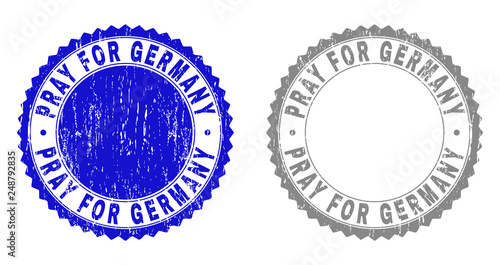 Grunge PRAY FOR GERMANY stamp seals isolated on a white background. Rosette seals with grunge texture in blue and gray colors.