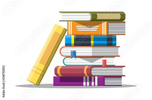 Pile of books in hand. Reading education, e-book, literature, encyclopedia. Vector illustration in flat style
