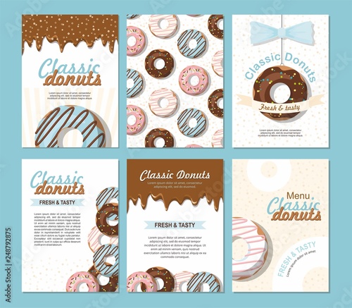 Set posters vector template with donuts. Sweet background. For bakery shop or cafe.