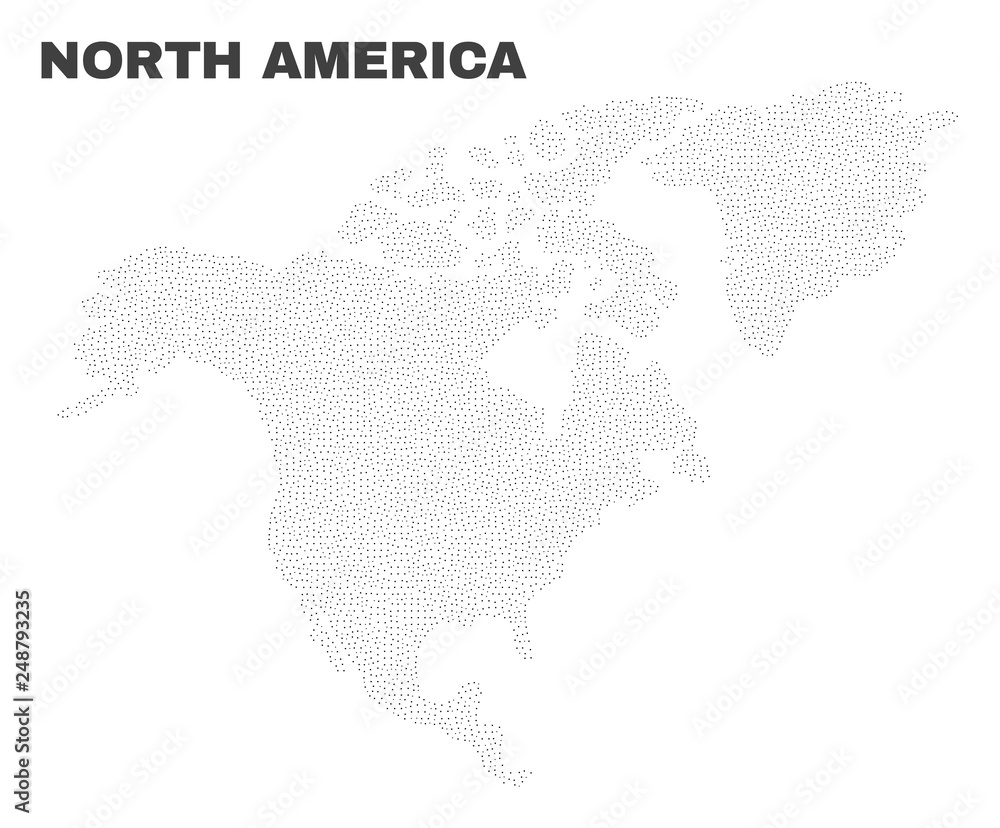 North America map designed with small dots. Vector abstraction in black color is isolated on a white background. Scattered small dots are organized into North America map.