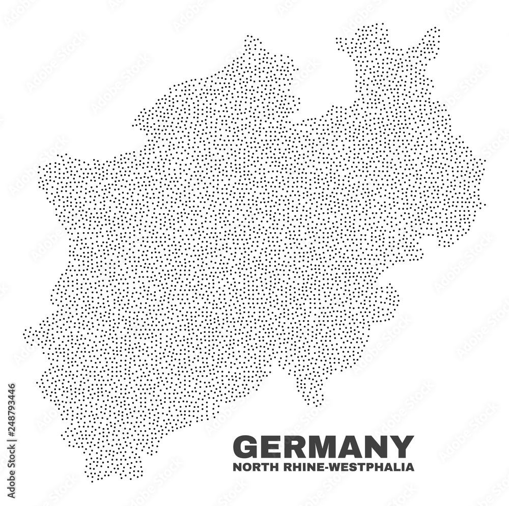 North Rhine-Westphalia Land map designed with small dots. Vector abstraction in black color is isolated on a white background. Scattered tiny dots are organized into North Rhine-Westphalia Land map.