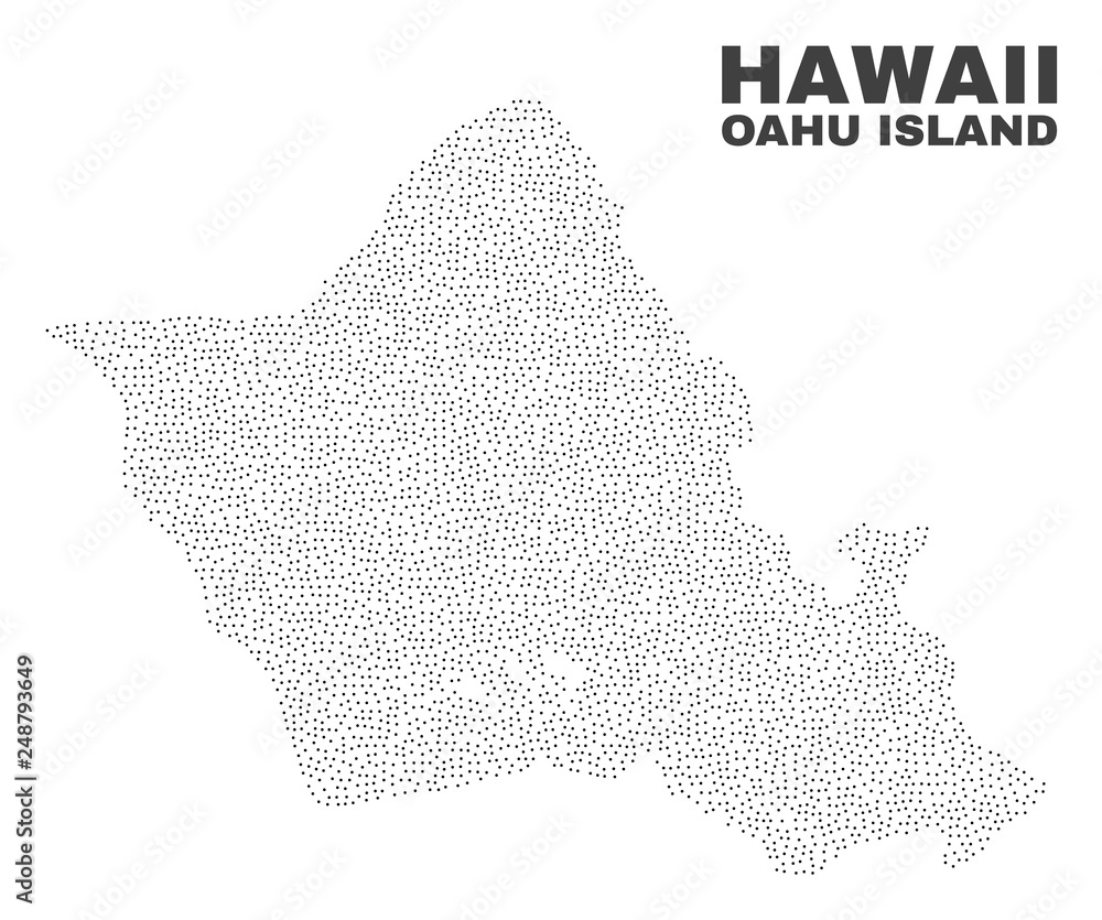 Oahu Island map designed with little dots. Vector abstraction in black color is isolated on a white background. Scattered little dots are organized into Oahu Island map.