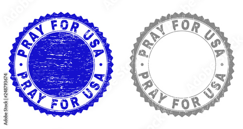 Grunge PRAY FOR USA stamp seals isolated on a white background. Rosette seals with grunge texture in blue and gray colors. Vector rubber stamp imitation of PRAY FOR USA text inside round rosette.